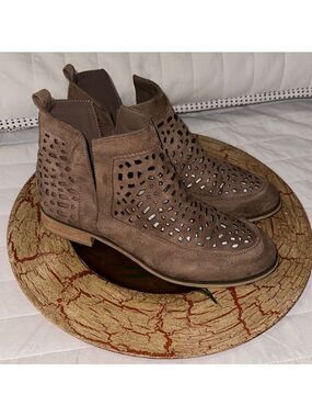CG 9 Tan Faux Suede Laser Cut V Cut Ankle Booties